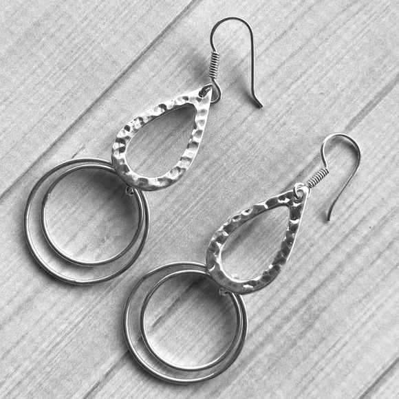 925 Sterling Silver Hammered Circle Double Dangle Earrings - Picture 10 of 13